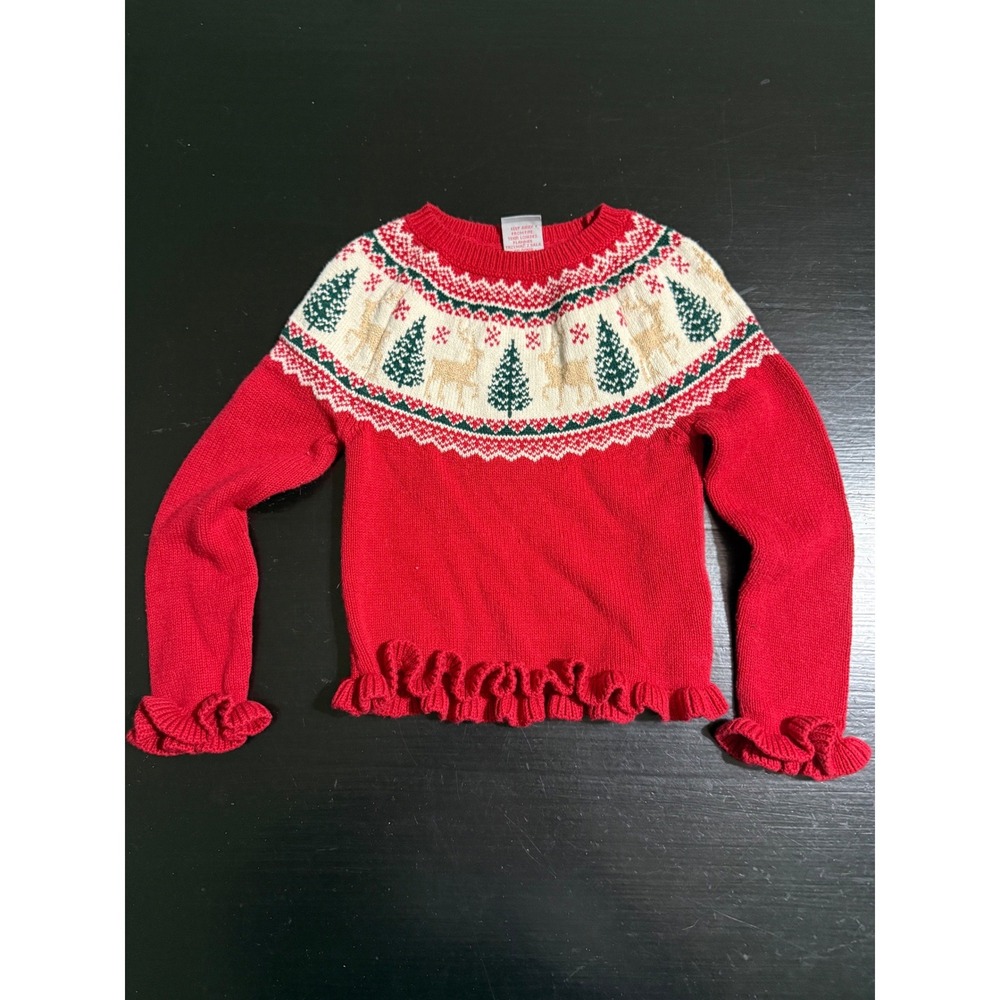 Tahari Kids Girls Red Fair Isle Reindeer Christmas Sweater Ruffle Hem Size 4 XS